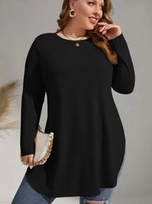 SHEIN LUNE 大碼素色下擺開叉T恤 - 黑色 - 查看 4