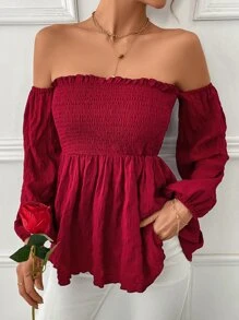Chiquease Off Shoulder Lantern Sleeve Peplum Blouse - Red - View 3