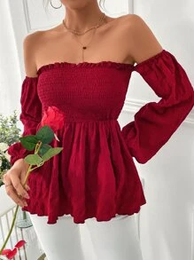 Chiquease Off Shoulder Lantern Sleeve Peplum Blouse - Red - View 4