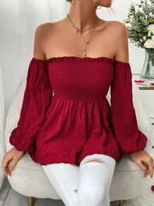 Chiquease Off Shoulder Lantern Sleeve Peplum Blouse - Red - View 5