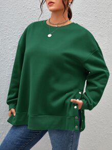 SHEIN Essnce Plus Drop Shoulder Button Detail Split Hem Sweatshirt - Dark Green - View 1