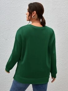 SHEIN Essnce Plus Drop Shoulder Button Detail Split Hem Sweatshirt - Dark Green - View 2