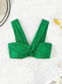 SHEIN Swim 前扭結比基尼泳裝上衣 - 綠色 - 查看 1