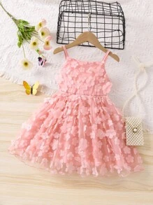 SHEIN Young Girl Pink Solid Color 3d Flower Embellished Sweet & Spaghetti Strap Dress For Summer - Pink - View 1