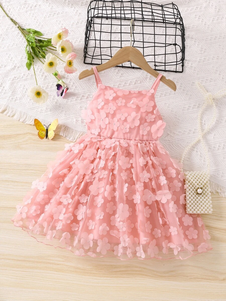 SHEIN Young Girl Pink Solid Color 3d Flower Embellished Sweet & Spaghetti Strap Dress For Summer - Pink - View 1