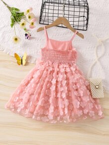 SHEIN Young Girl Pink Solid Color 3d Flower Embellished Sweet & Spaghetti Strap Dress For Summer - Pink - View 2