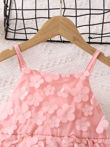SHEIN Young Girl Pink Solid Color 3d Flower Embellished Sweet & Spaghetti Strap Dress For Summer - Pink - View 5