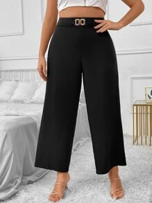 SHEIN Holidaya 大碼鏈條細節闊腿褲 - 黑色 - 查看 3