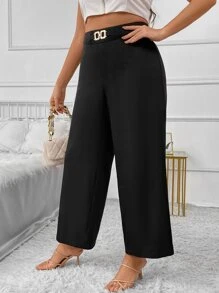 SHEIN Holidaya 大碼鏈條細節闊腿褲 - 黑色 - 查看 4