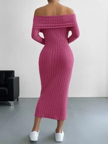 SHEIN Privé Đầm Gân đan màu trơn Giải trí - Màu Hồng Tươi - Xem 2