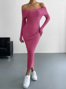 SHEIN Privé Đầm Gân đan màu trơn Giải trí - Màu Hồng Tươi - Xem 4