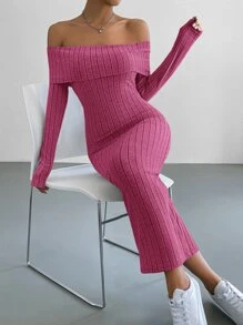 SHEIN Privé Đầm Gân đan màu trơn Giải trí - Màu Hồng Tươi - Xem 5