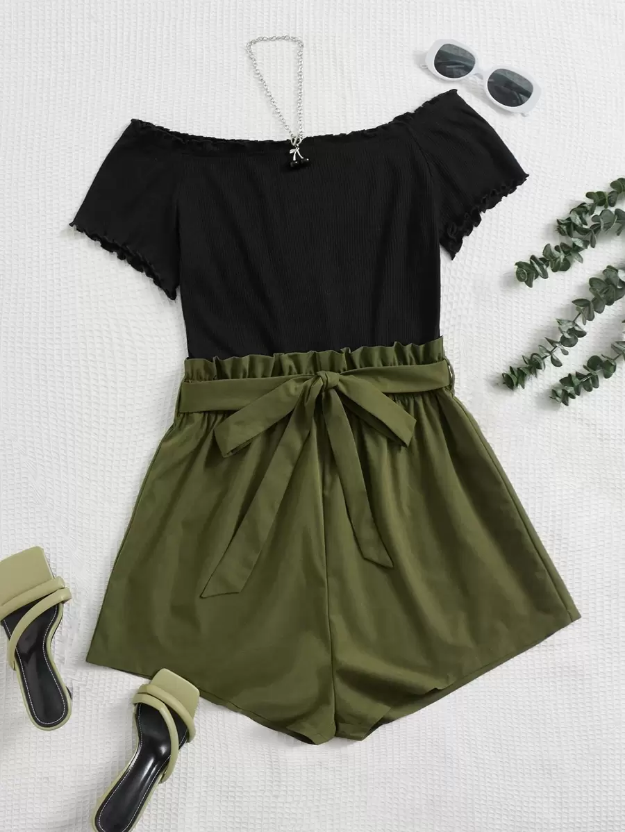 SHEIN LUNE Plus Off Shoulder Lettuce Trim Belted Romper - Army Green - View 1