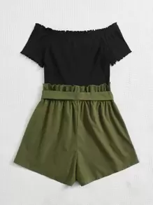 SHEIN LUNE Plus Off Shoulder Lettuce Trim Belted Romper - Army Green - View 2