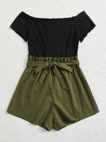 SHEIN LUNE Plus Off Shoulder Lettuce Trim Belted Romper - Army Green - View 3
