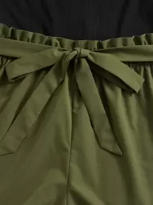 SHEIN LUNE Plus Off Shoulder Lettuce Trim Belted Romper - Army Green - View 5