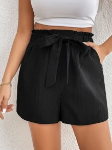 SHEIN Essnce Paperbag Waist Knot Front Shorts - Black - View 3