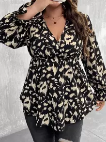 SHEIN LUNE Plus Allover Print Flounce Sleeve Peplum Blouse - Multicolor - View 3