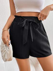 SHEIN Essnce Paperbag Waist Knot Front Shorts - Black - View 5