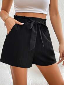 SHEIN Essnce Paperbag Waist Knot Front Shorts - Black - View 6