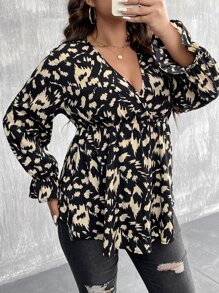 SHEIN LUNE Plus Allover Print Flounce Sleeve Peplum Blouse - Multicolor - View 5