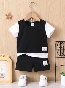 Baby Boy Letter Patched 2 In 1 Tee & Shorts - Black and White - View 1