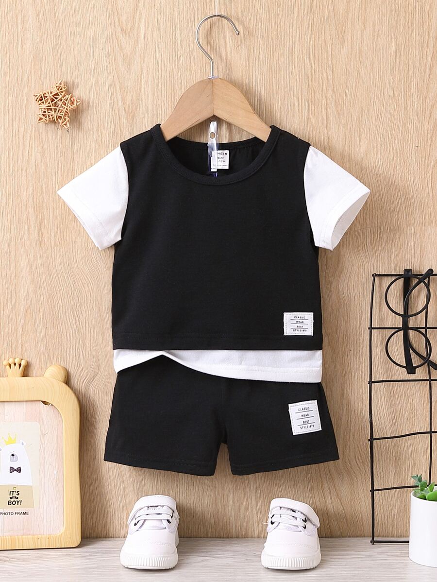 Baby Boy Letter Patched 2 In 1 Tee & Shorts - Black and White - View 1