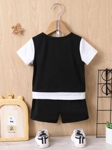 Baby Boy Letter Patched 2 In 1 Tee & Shorts - Black and White - View 2