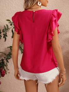 SHEIN Privé Ruffle Trim Keyhole Back Blouse - Hot Pink - View 6