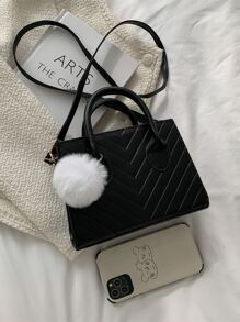 輕量商務休閒 V 形細節絨球裝飾方形包適合青少年女孩女大學生、菜鳥和白領，非常適合辦公室、大學、工作、商務、通勤、戶外、旅行、郊遊 - 黑色 - 查看 4