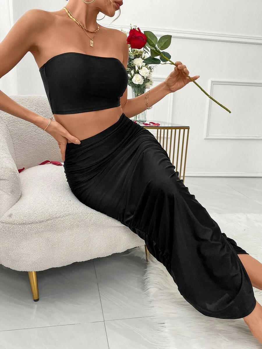 Allurite unicolor Top bandeau & fruncido lateral Falda - Negro - Ver 1