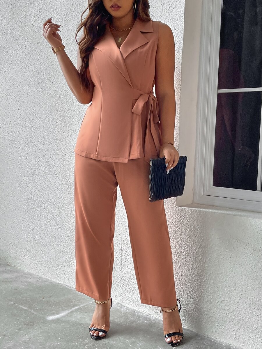 Calvaya Plus Knot Side Vest Blazer & Trousers - Coral Pink - View 1