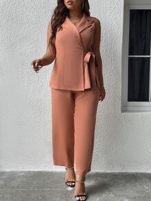 Calvaya Plus Knot Side Vest Blazer & Trousers - Coral Pink - View 4