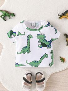 男嬰卡通恐龍印花T恤 - 白色 - 查看 1