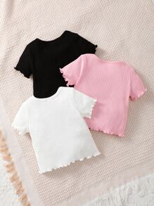 Baby 3pcs Ribbed Knit Lettuce Trim Tee - Multicolor - View 2