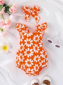 嬰兒印花荷葉邊連體衣和頭巾 - 橘色 - 查看 1