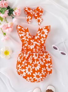 嬰兒印花荷葉邊連體衣和頭巾 - 橘色 - 查看 2