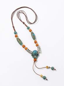 One Handmade Bohemian Style Ceramic Beaded Necklace For Women, Adjustable Length - Multicolor - View 2