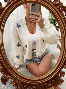 SHEIN Unity Butterfly Embroidery Drop Shoulder Duster Cardigan - Beige - View 1