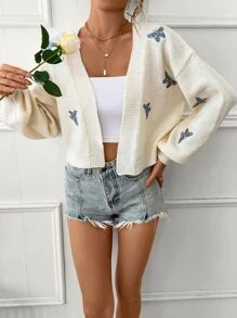 SHEIN Unity Butterfly Embroidery Drop Shoulder Duster Cardigan - Beige - View 3