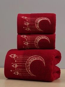 QIBHI 1入組月亮刺繡浴巾或者1入組洗臉巾 - 紅色 - 查看 1