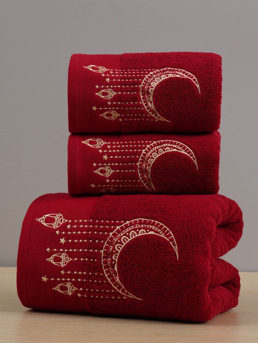 QIBHI 1入組月亮刺繡浴巾或者1入組洗臉巾 - 紅色 - 查看 1