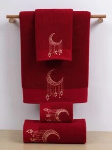 QIBHI 1入組月亮刺繡浴巾或者1入組洗臉巾 - 紅色 - 查看 2