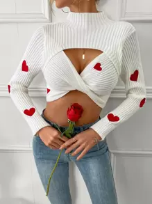 SHEIN Essnce Heart Embroidery Twist Front Cut Out Crop Jumper - Beige - View 3