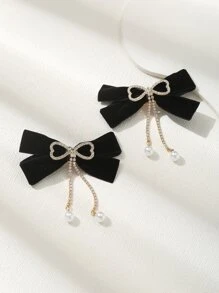 2pcs Rhinestone Bow & Faux Pearl Decor Hair Clip - Black and White - View 1