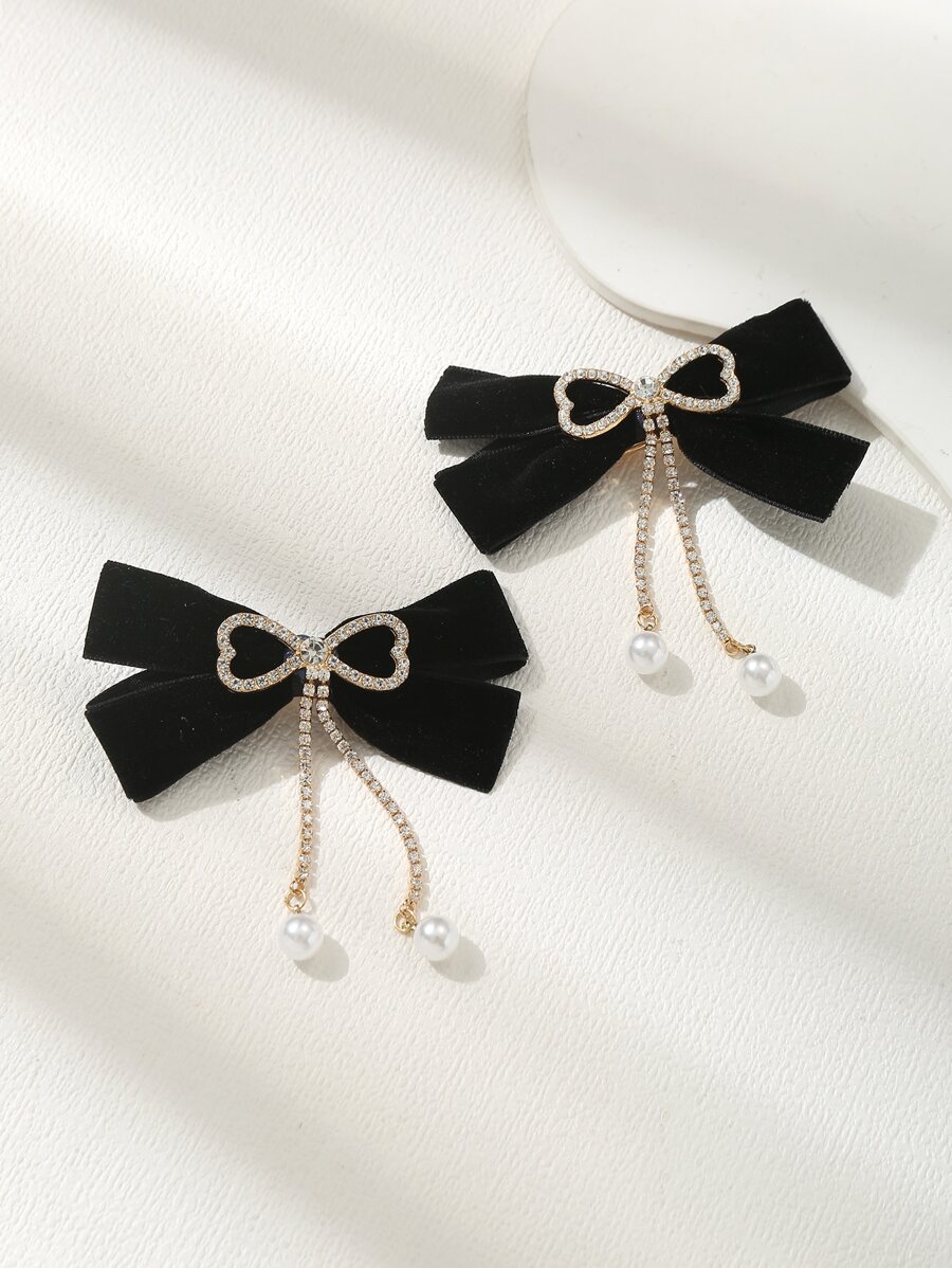 2pcs Rhinestone Bow & Faux Pearl Decor Hair Clip - Black and White - View 1