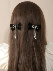 2pcs Rhinestone Bow & Faux Pearl Decor Hair Clip - Black and White - View 2