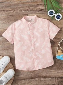 SHEIN Young Boy Tropical Print Button Front Shirt - Baby Pink - View 1