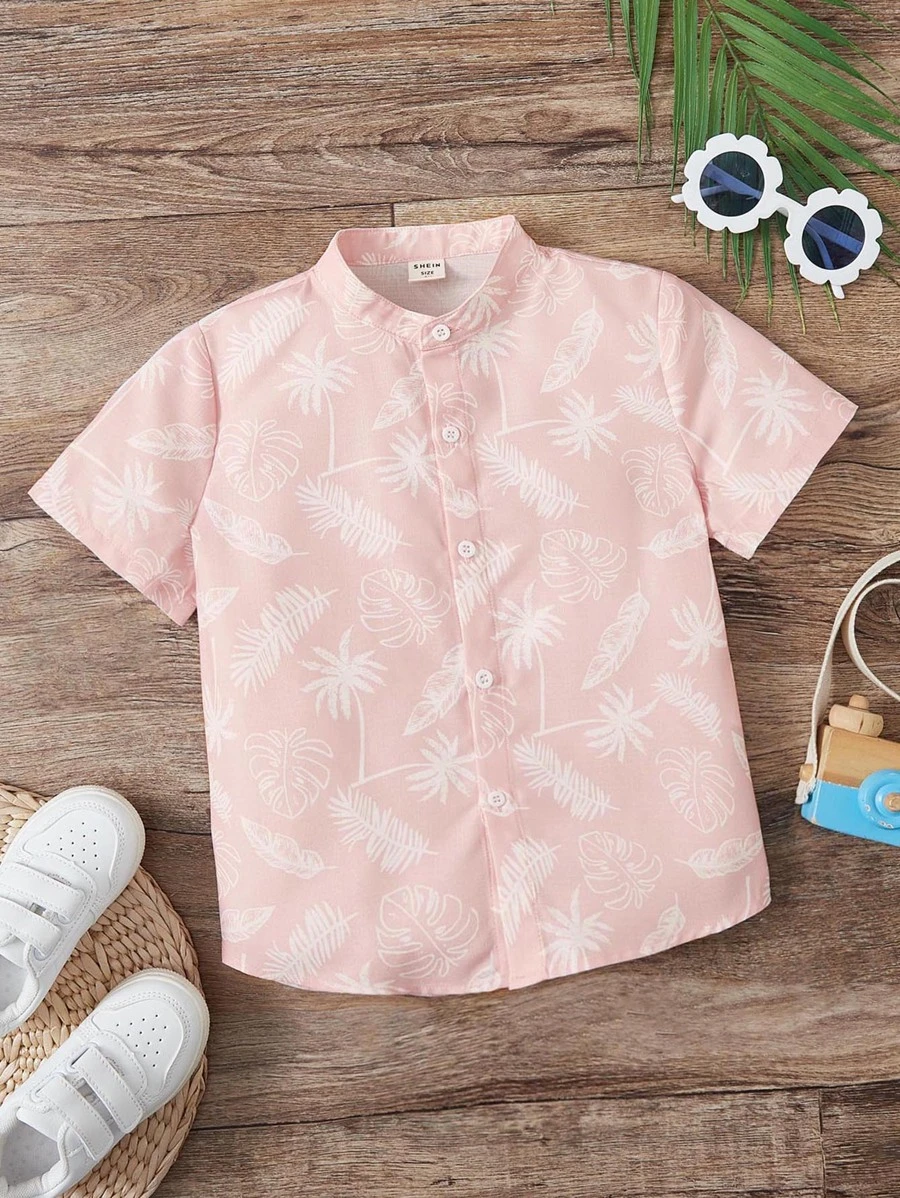SHEIN Young Boy Tropical Print Button Front Shirt - Baby Pink - View 1