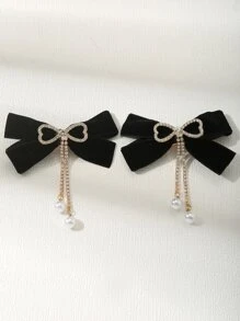 2pcs Rhinestone Bow & Faux Pearl Decor Hair Clip - Black and White - View 3